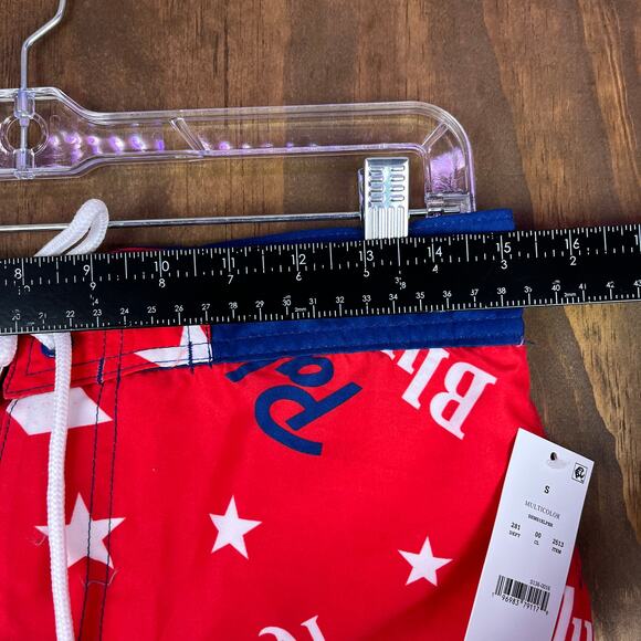 Pabst Blue Ribbon Mens Shorts Red White Blue Star Swim Surf Beach Trunks Small - Picture 8 of 14